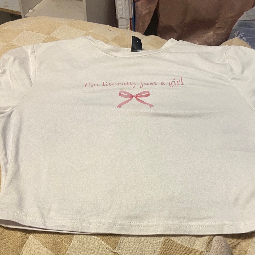 SHEIN White Crop Top with Pink Print